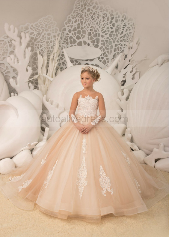 Long Sleeve Champagne Lace Tulle Floor Length Buttons Back Flower Girl Dress